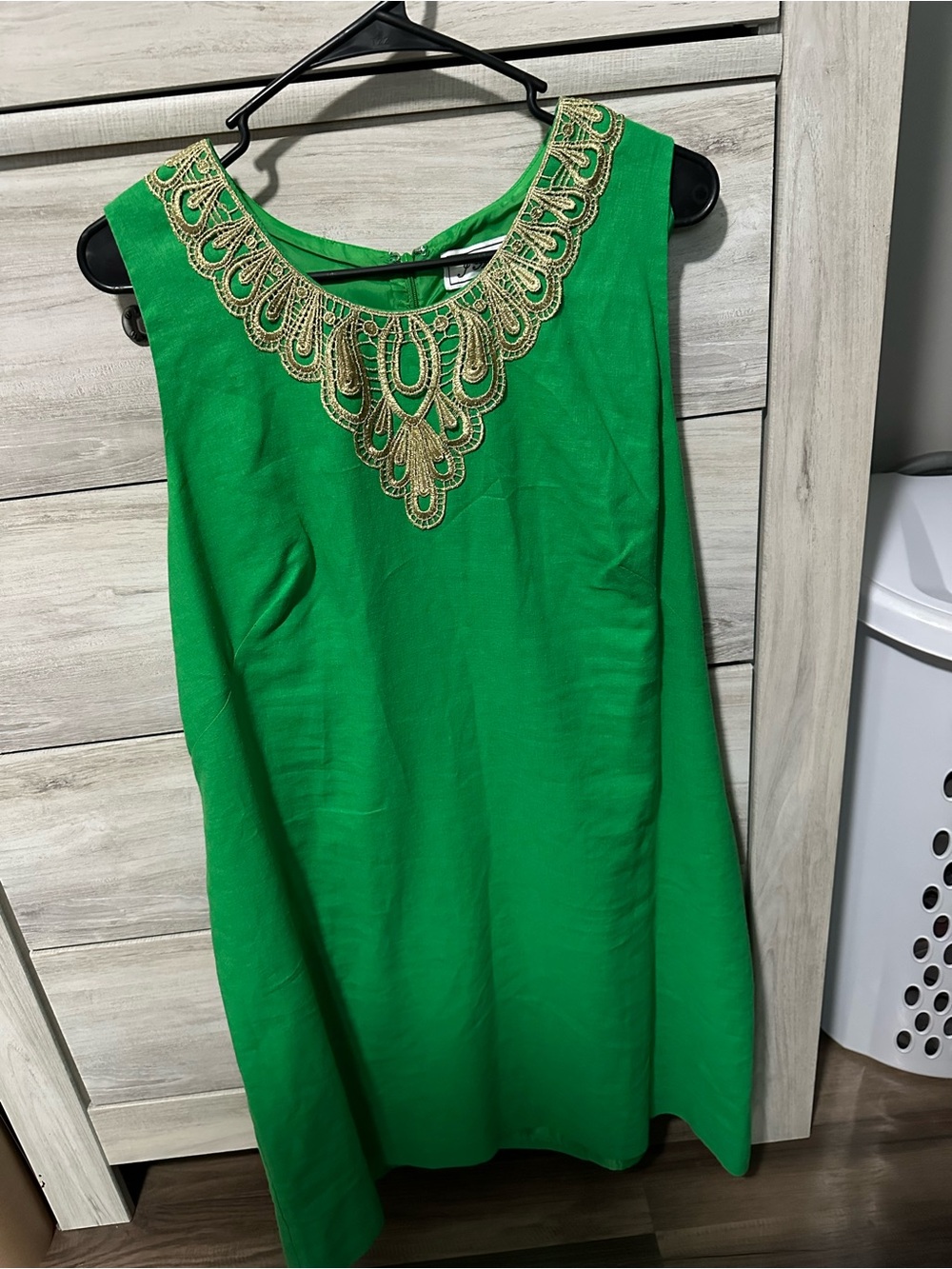 Green Sleeveless Mini Dress with Gold Embroidered Neckline‎